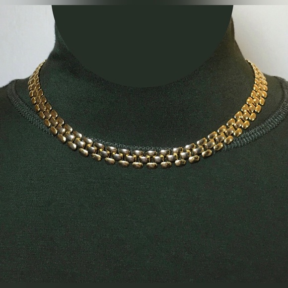 Gold Tone Panther Link / Brick Link Chain Necklace & Bracelet Set - Picture 5 of 9